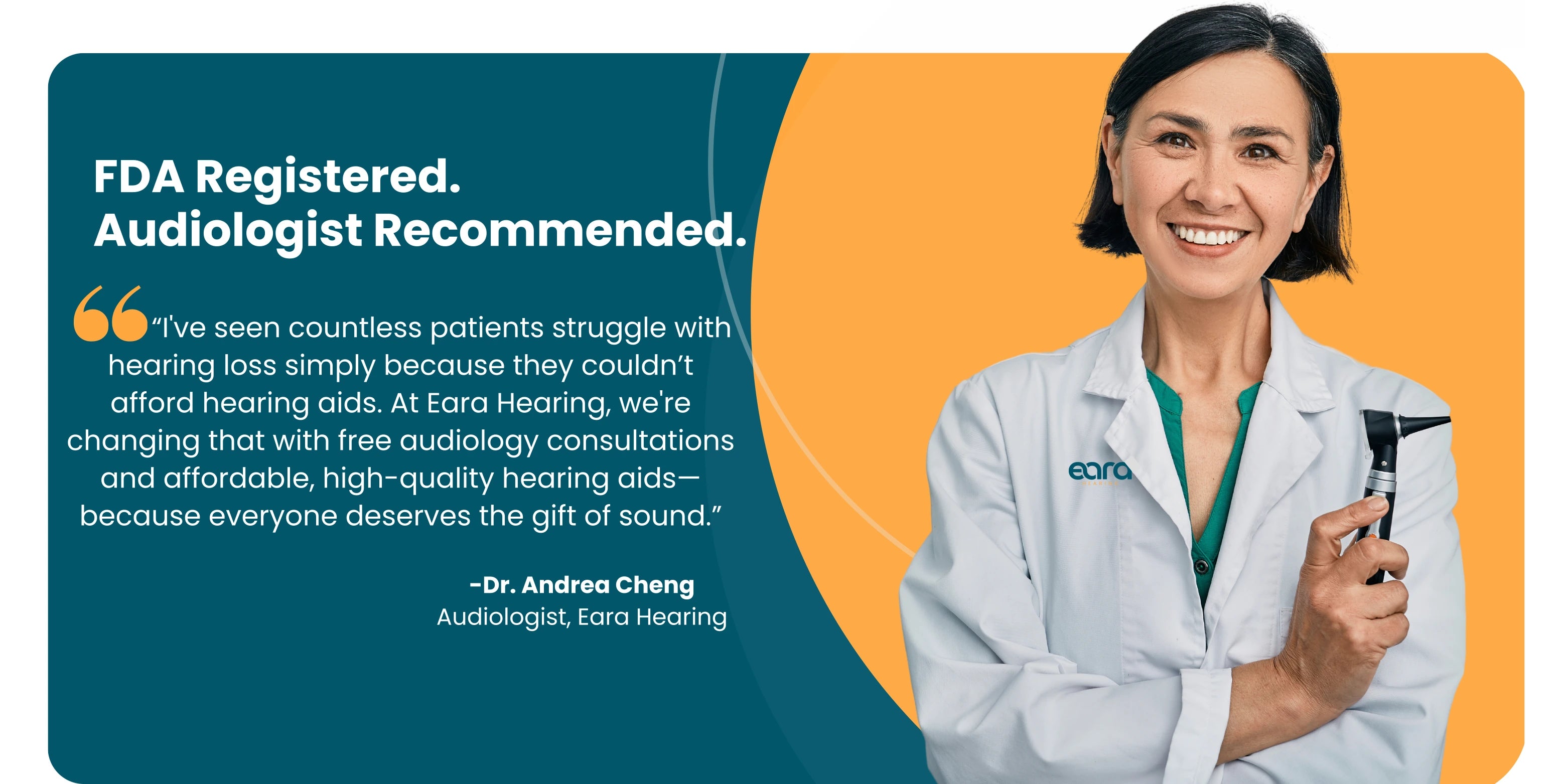 Audiologist endorsing Eara Hearing, highlighting FDA-backed, affordable hearing aids with free consultations to help patients hear better.slider_item_4YLmmK