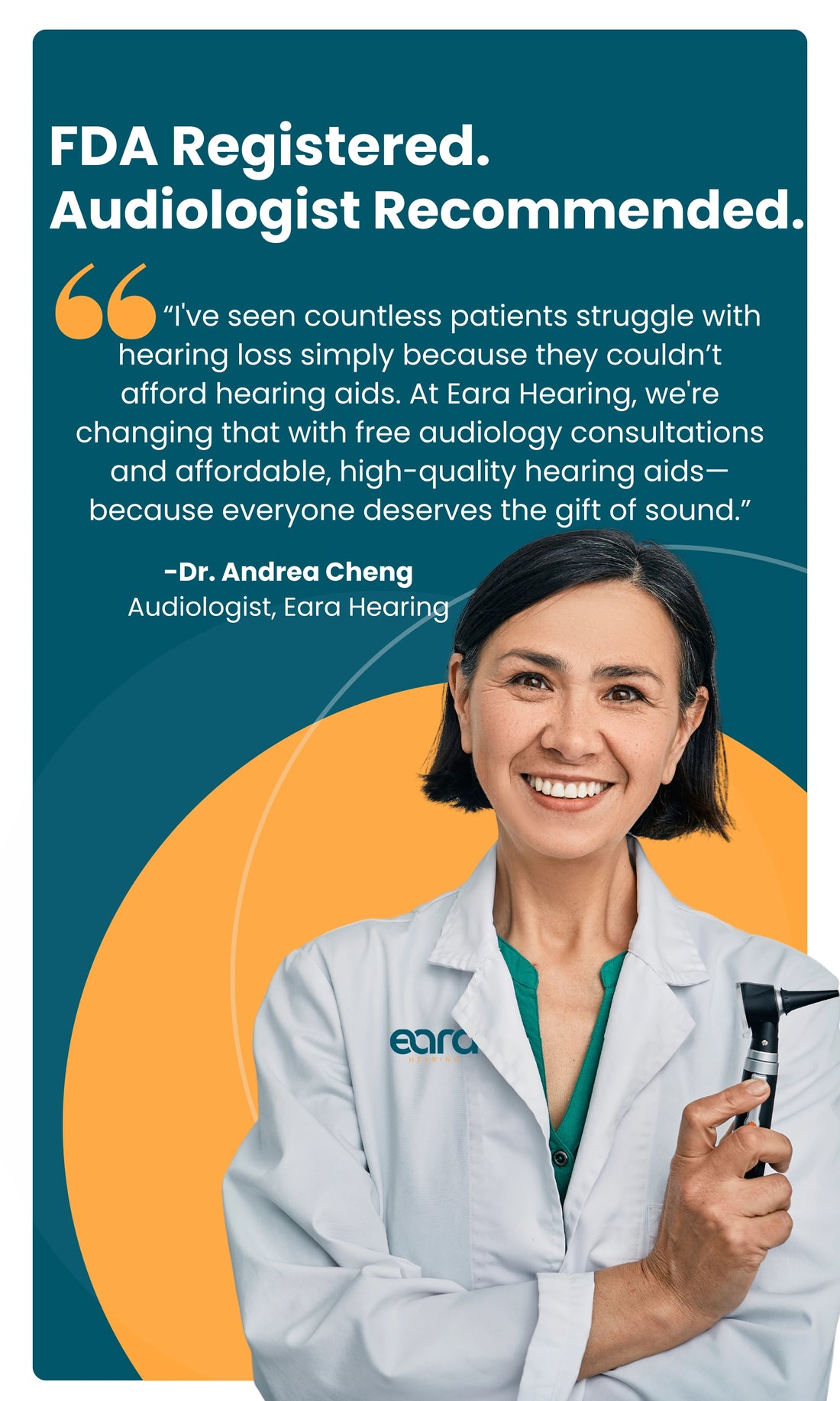 Audiologist endorsing Eara Hearing, highlighting FDA-backed, affordable hearing aids with free consultations to help patients hear better.slider_item_4YLmmK