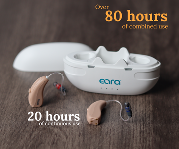 Rechargeable otc Explore Li hearing aids set on table with open charging case behind. Text above image indicating 80 hour of combined use for the hearing aids