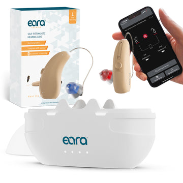 A picture of Explore Li+ Hearing Aids coming out of the charger and a neutral image of a hand holding the HA FIT app connection to the hearing aids. 