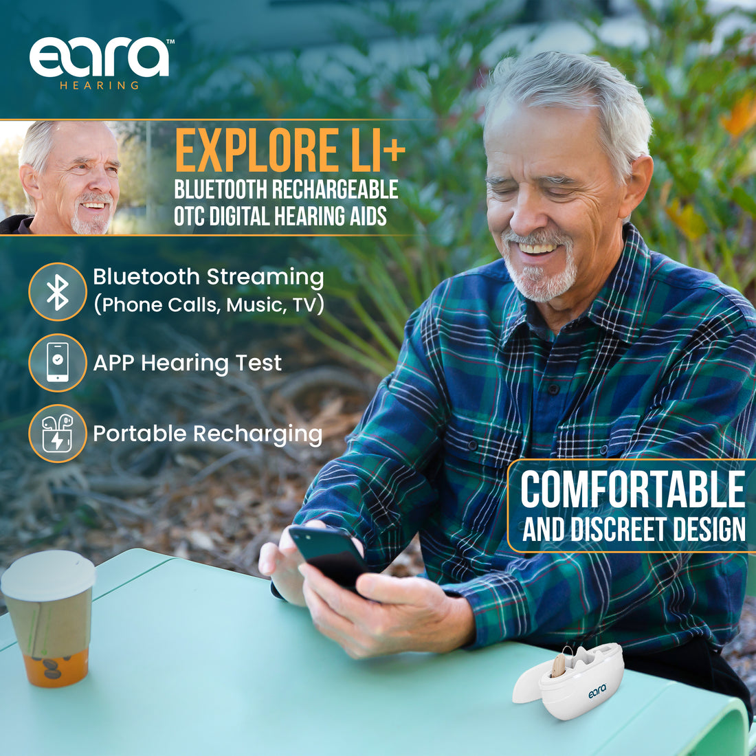 A picture of Explore Li+ Hearing Aids coming out of the charger and a neutral image of a hand holding the HA FIT app connection to the hearing aids. 